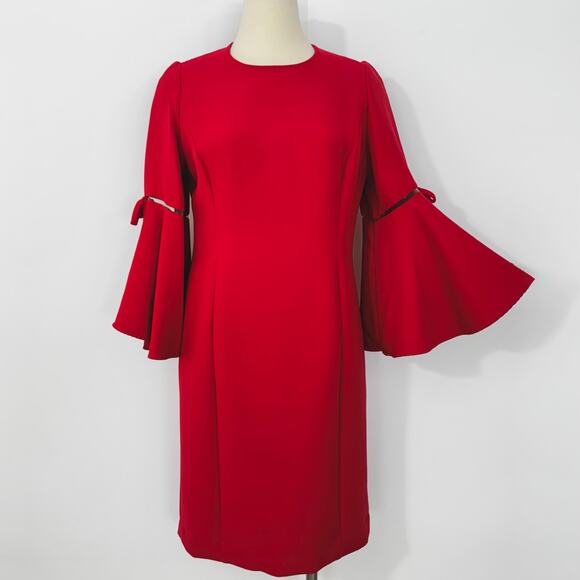 Oscar de la Renta Wool Silk Mini Sheath Dress Flared Sleeves Red Size 16 - Picture 3 of 16